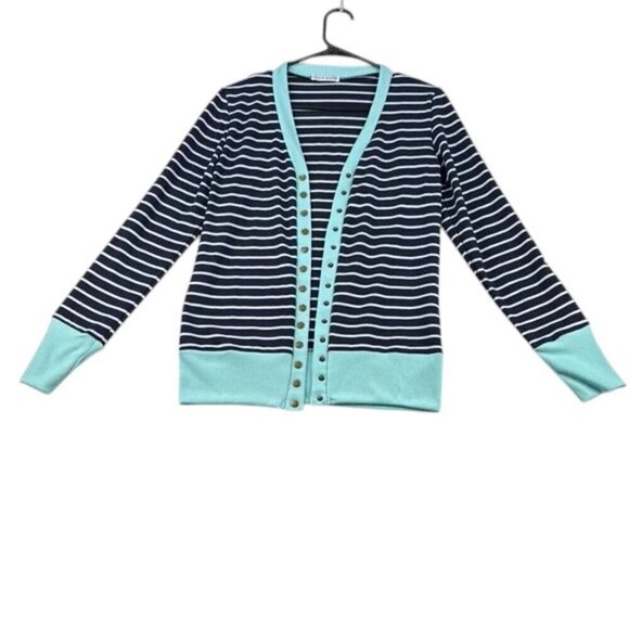 Coco & Main Cardigan Sweater Size L Blue White Aqua Striped Lightweight - Picture 1 of 7